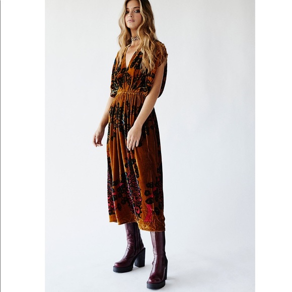 Free People Demoiselles Midi Velvet Ochre Dress - Picture 3 of 8